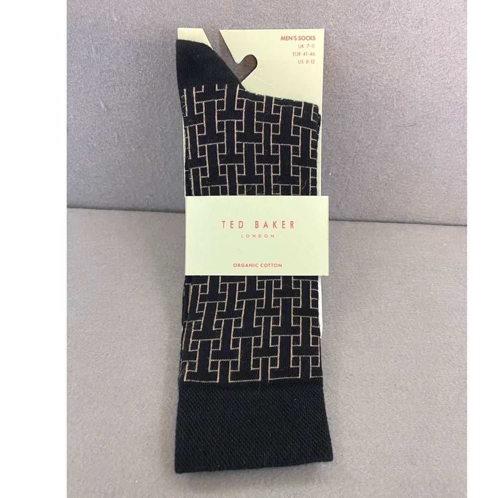 Ted Baker London Mens Black Organic Cotton T Pattern Crew Socks US 8-12 NEW